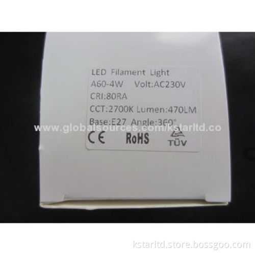 LED filament bulb, A60, 4W, glass cover, 220-240 or 110-130V AC, CE- and RoHS-, TUV-approved
